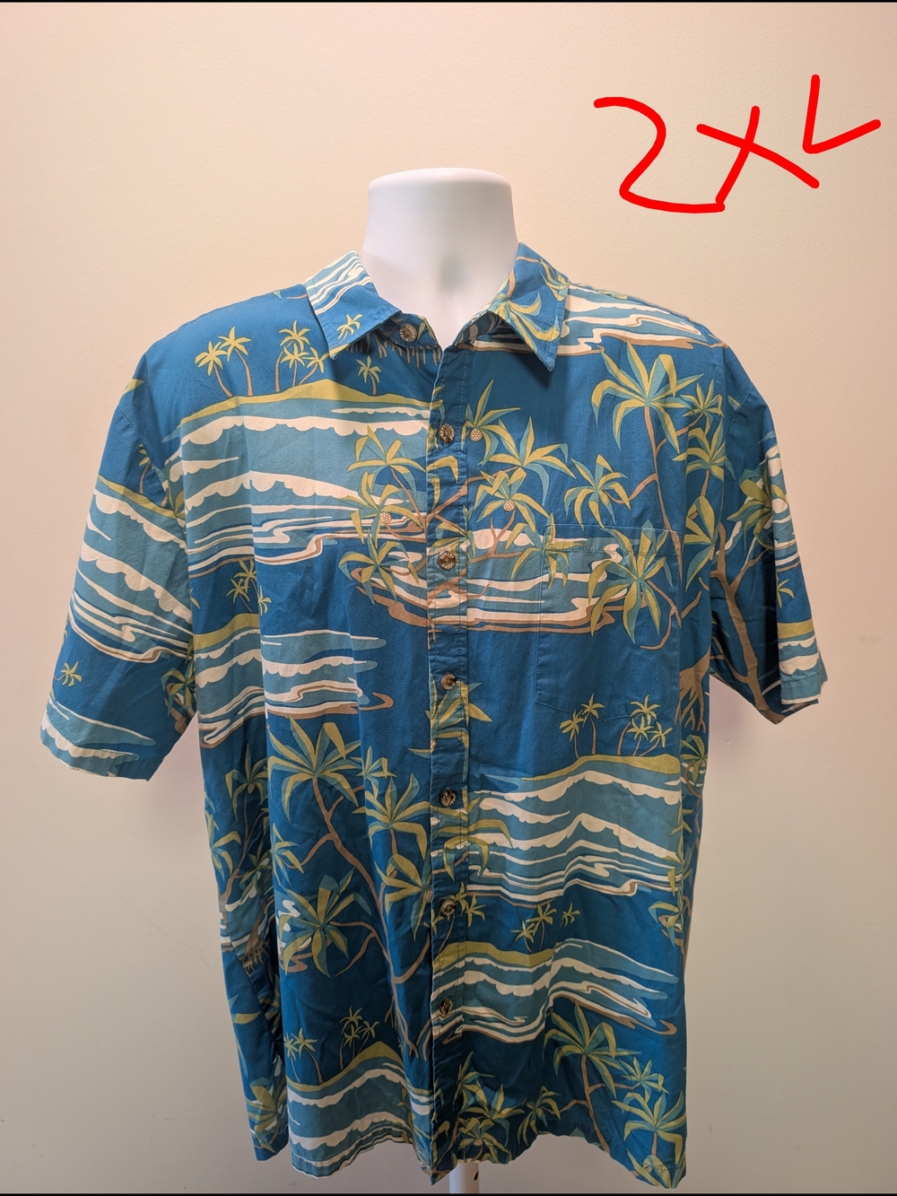 Casual Teal Tropical Print Short-Sleeve Button-Down Shirt